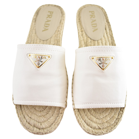 Prada Shoes - Prada Gold Triangle Logo Avorio White Leather Espadrille Slide Sandal Flat 37